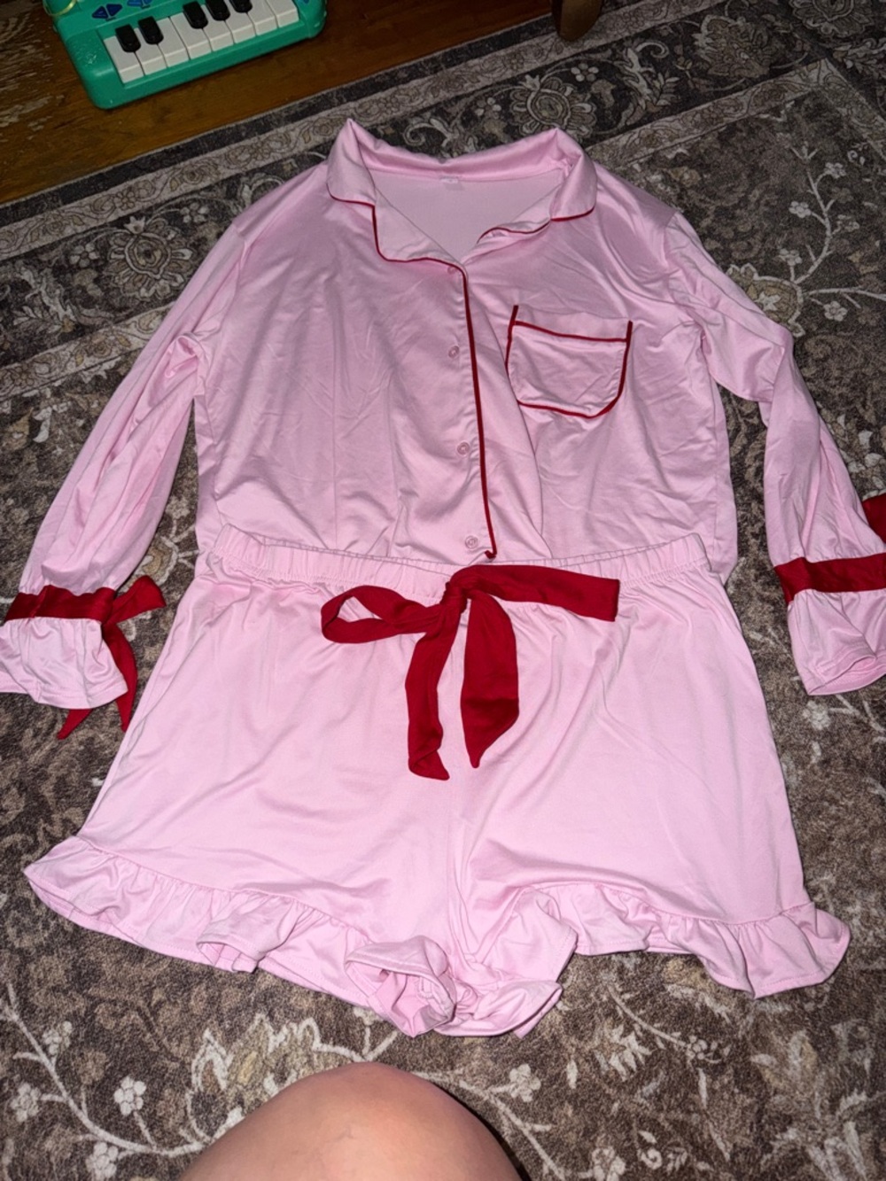 Women’s Pink Two-Piece Pajama Set with Red Trim